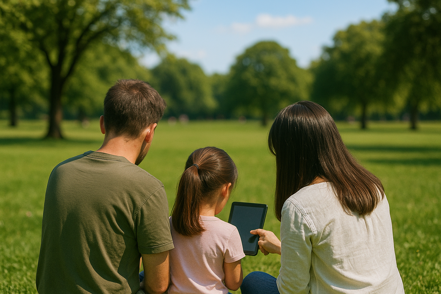 公園でタブレットを囲む家族連れのイメージ